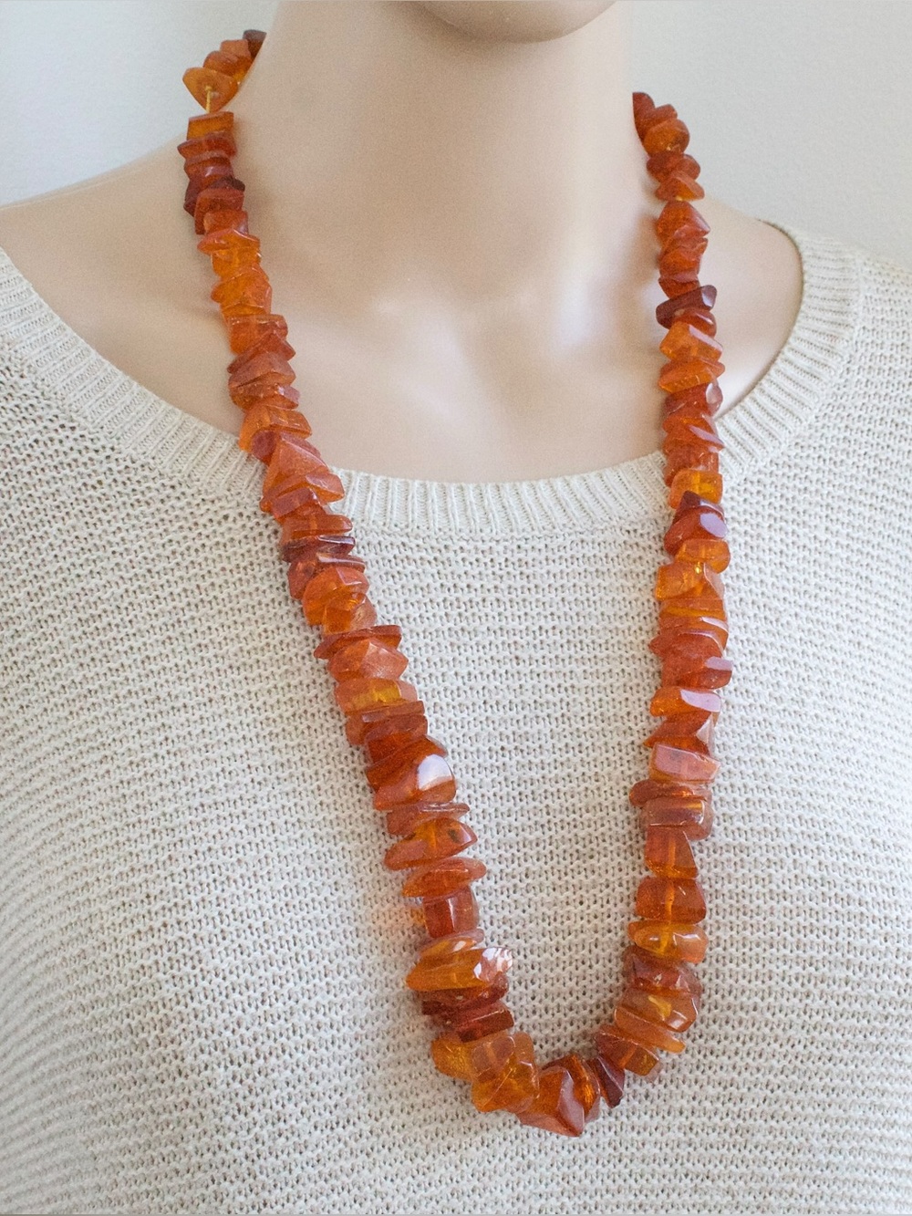 Vintage Baltic Amber Beaded Necklace Extra Long 29” Strand Chunky Nugget Beads